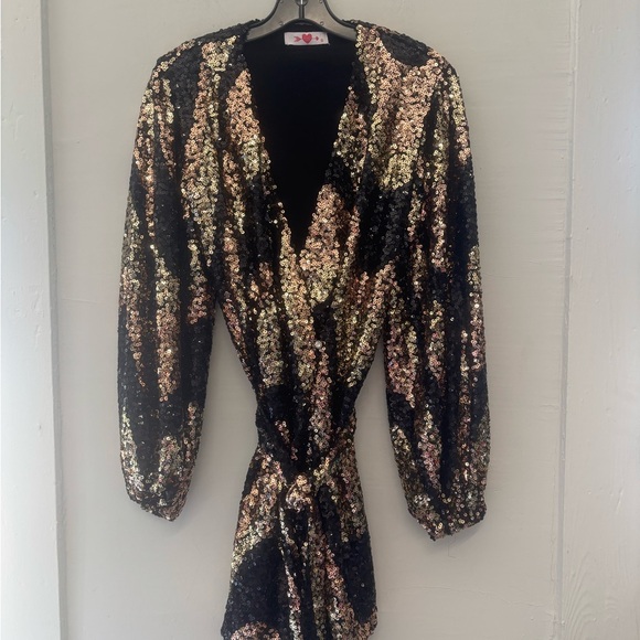 Buddy Love Adeline Black & Gold Sequin Short Wrap Dress SZ Medium - Picture 2 of 7